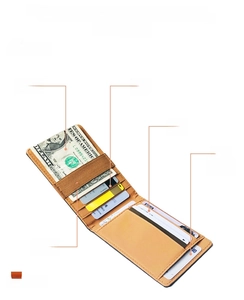 Macro view of men's slim cross-grain leather wallet showing card slots and elastic strap