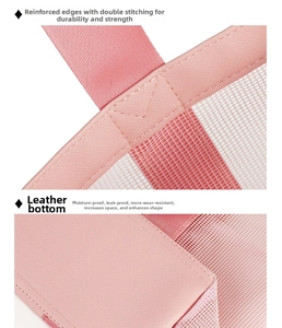 Detail of pink mesh beach bag showing reinforced seams and durable leather bottom base