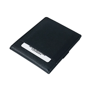 Minimalist black Saffiano leather card holder with vertical slot and sleek compact design