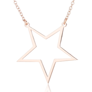 Detailed view of rose gold hollow star pendant necklace with mirror finish on white background