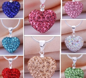 Detailed comparison of sparkling heart-shaped necklaces in eight vibrant rhinestone colors