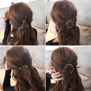 Minimalist gold geometric hair clips in triangle, circle, moon and lip shapes set