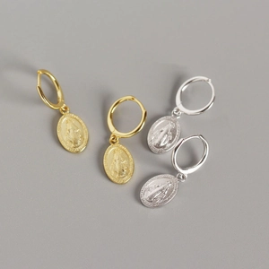 Virgin Mary Coin Pendant Huggie Hoop Earrings 925 Sterling Silver Religious Relief Vintage Minimalist For Women