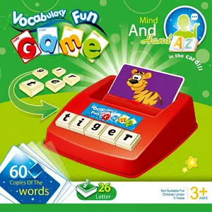 Educational spelling game detail with alphabet tiles and animal flashcards on red base