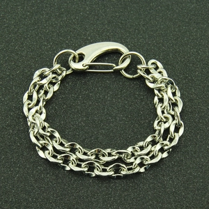 Bracelet double chaîne cubaine argentée style punk cool avec fermoir mousqueton