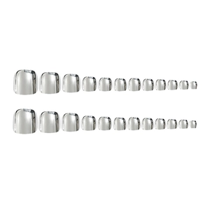 24 pieces of silver mirror effect press-on toenails with metallic finish on white background