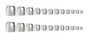 Silver metallic mirror finish press-on toe nails in various sizes on white background