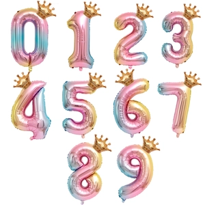 Rainbow Gradient Number Balloon With Crown Aluminum Foil Birthday Party Decoration