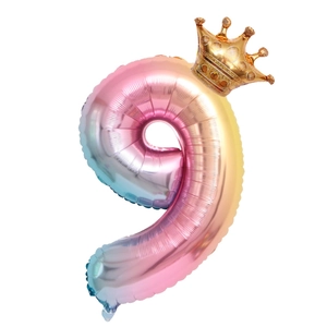Macro detail of number 9 foil balloon featuring rainbow gradient colors and a gold crown