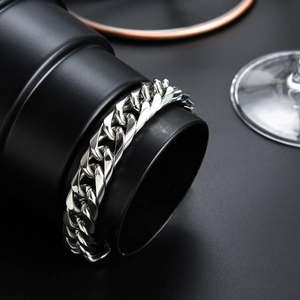Polished silver 316L stainless steel double weave Cuban link bracelet for men