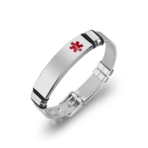 Detailed close-up of medical alert bracelet with red Caduceus star and mesh steel band