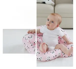 Pink infant sitting support pillow with panda prints and soft cotton fabric detail