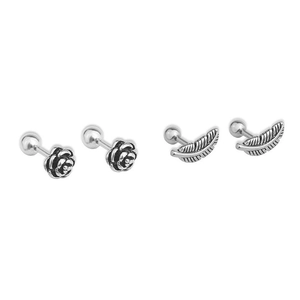 Silver stainless steel stud earrings set featuring rose flower and feather designs
