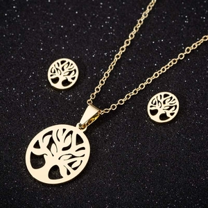Bijoux En Acier Inoxydable Mode Pendentif Arbre De Vie Rond Creux Collier Et Boucles D'oreilles Pour Femmes