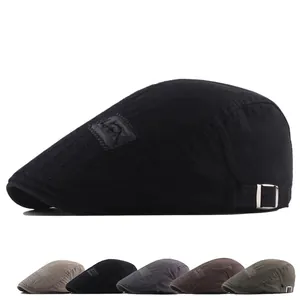 Men's cotton beret flat cap with patch embroidery and adjustable buckle in multiple colors