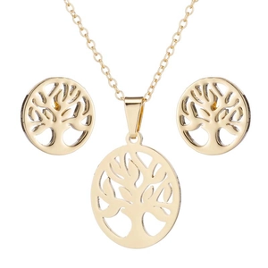 Parure collier pendentif Arbre de Vie évidé et boucles d'oreilles assorties en or poli