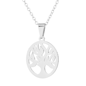 Collier minimaliste en acier argenté avec pendentif arbre de vie rond et ajouré