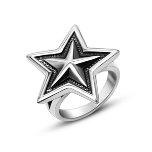 Punk style stainless steel star ring with polished and matte silver finishes