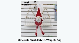 Detail of red Christmas gnome with long striped legs made of plush fabric and white beard