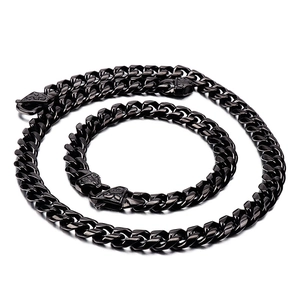 Men's hip hop black cuban link chain necklace and bracelet set in polished finish