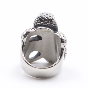 Retro punk style stainless steel snake ring with detailed metallic silver scales