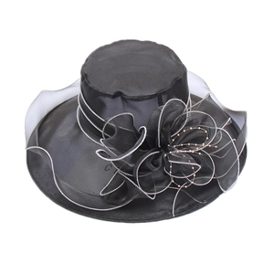 Elegant black organza sun hat for women featuring a large floral design and gold beads