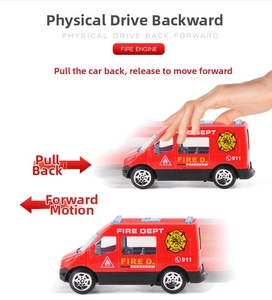 Detailed demonstration of red pull-back fire truck toy with forward movement action