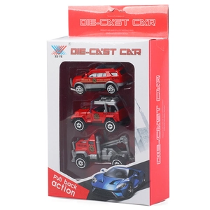 3-piece alloy die-cast fire rescue toy car set with pull back action in display box