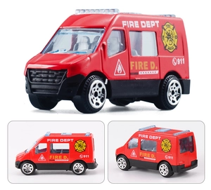 Three-angle views of a red alloy fire truck toy with FIRE DEPT and 911 markings