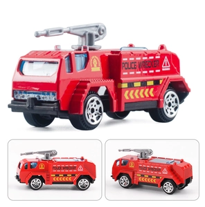 Detail view of red toy police wrecker truck with movable crane and realistic decals