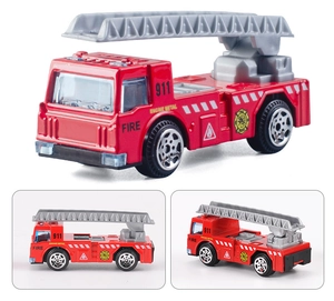 Detail of red alloy toy fire truck with an extendable ladder and 911 markings