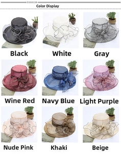 Nine colors of breathable organza sun hats for women with elegant large floral details