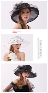 Vertical collage of elegant organza sun hats with floral decor in black and white