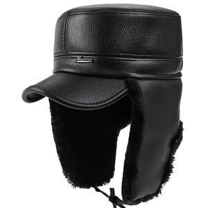 Men's winter faux leather trapper hat with warm black fur lining and metal logo