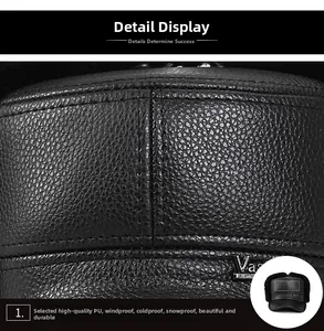 Close-up of windproof black PU leather trapper hat with premium texture and metal logo
