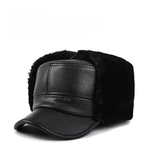 Detail of winter trapper hat with textured leather and soft warm faux fur lining