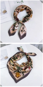 Detail showing elegant champagne floral silk scarf tied in various styles on a magazine