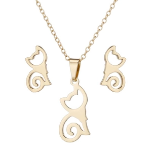 Minimalist gold cat jewelry set with pendant necklace and matching stud earrings