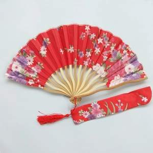 Japanese Style Folding Fan Cherry Blossom Pattern Bamboo Ribs Satin Fabric Hand Fan Tassel Sleeve Women Wedding Home Decor