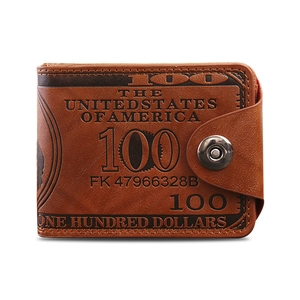 Retro brown leather men's bifold wallet featuring vintage 100 dollar bill embossed pattern