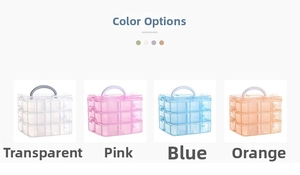 Three-layer portable plastic storage boxes in clear, pink, blue, and orange colors
