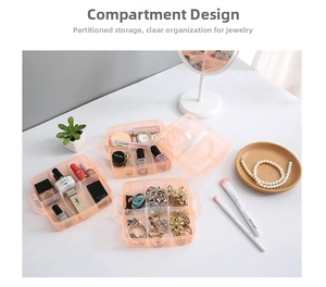 Detail of transparent orange plastic storage box with multi-compartments and handle