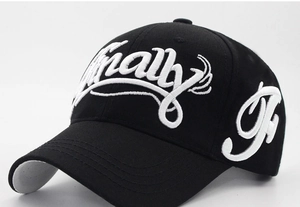 Detailed close-up of 3D embroidered lettering on a high-quality cotton baseball cap
