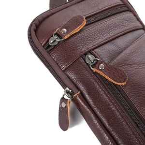 Men's dark brown genuine leather waist bag with multi-zippered pockets and lychee grain texture