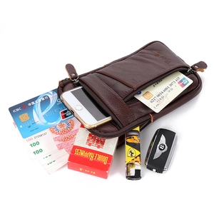 Brown leather waist bag for men with triple zipper pockets and belt loop attachment