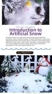 Detailed view of artificial snow powder texture with water absorption ratio guide