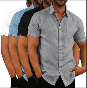 Men's short sleeve linen shirts in white blue grey and black with chest pocket