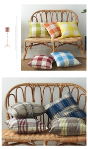 Detailed texture of rustic linen plaid cushion cover on vintage woven chair