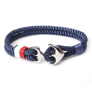 Navy blue nylon braided rope bracelet with silver stainless steel anchor clasp for men
