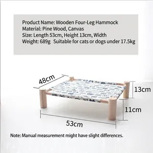 Wooden pet hammock bed with blue cat canvas pattern and dimensions 53x48x13cm for cats